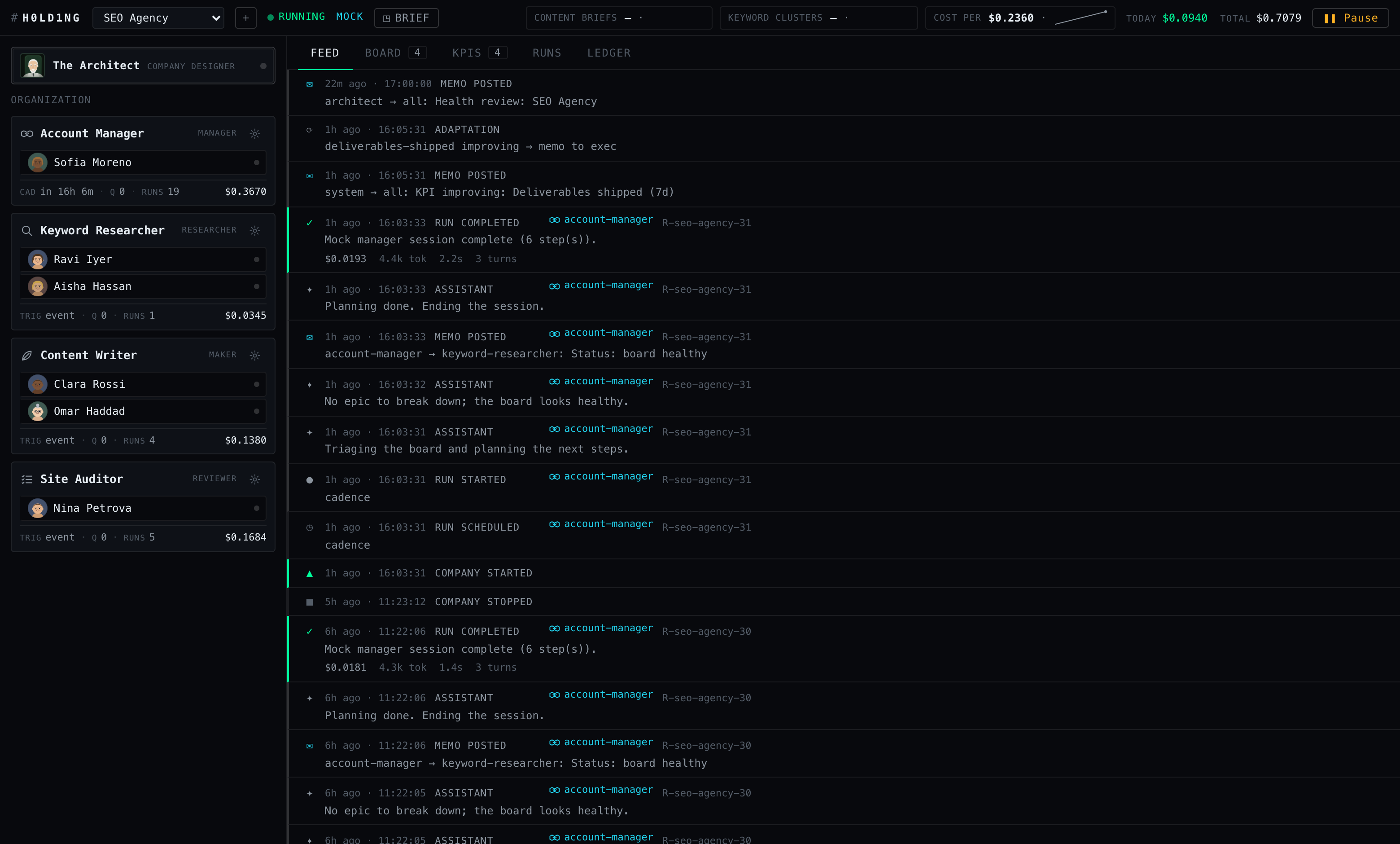 The H0LD1NG dashboard: SEO Agency feed tab with the org rail on the left and a live event feed — memos posted, runs completed, adaptation events.