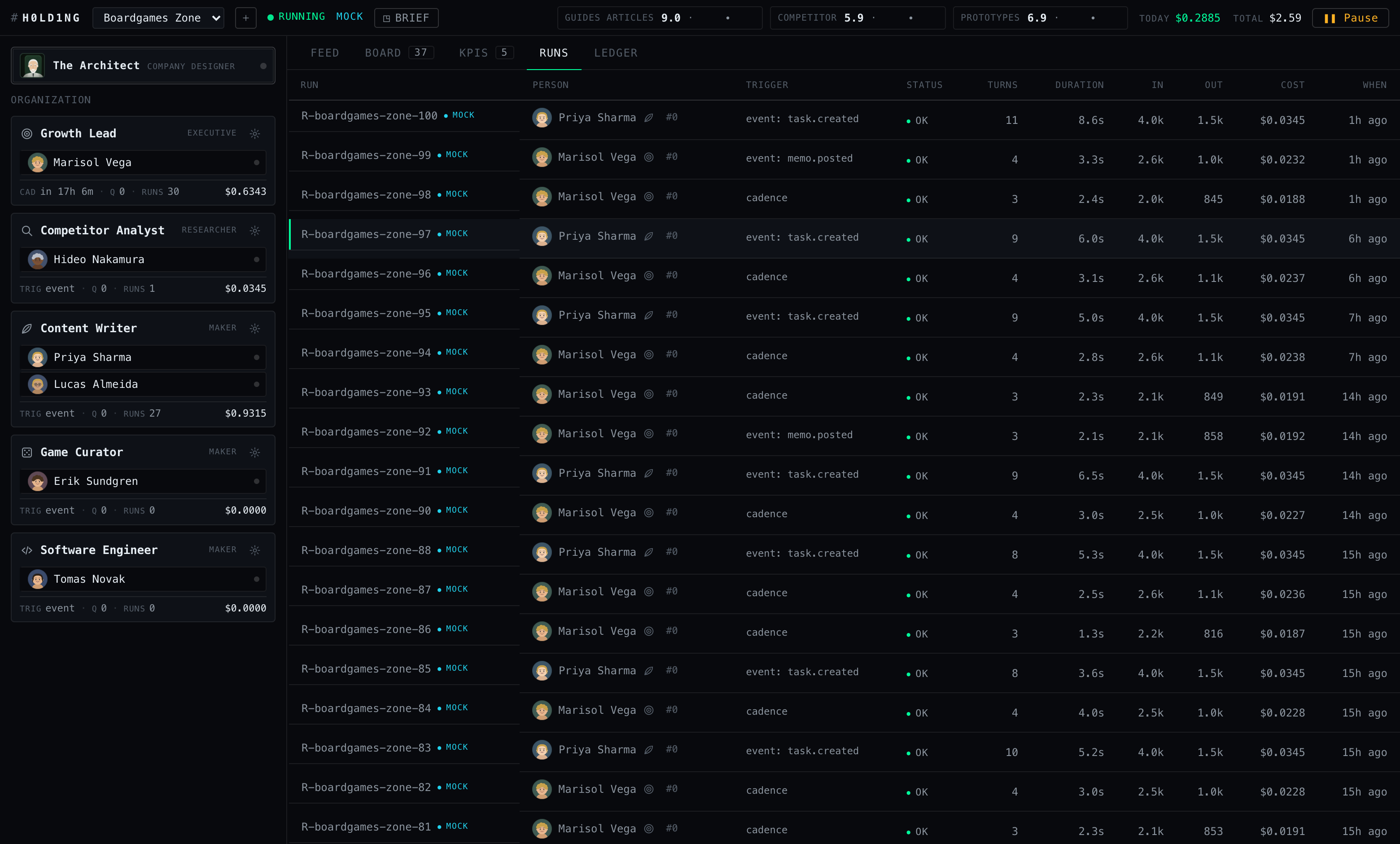 Boardgames Zone runs tab: a dense table of runs with persona, trigger, status, turns, duration, token counts and cost.