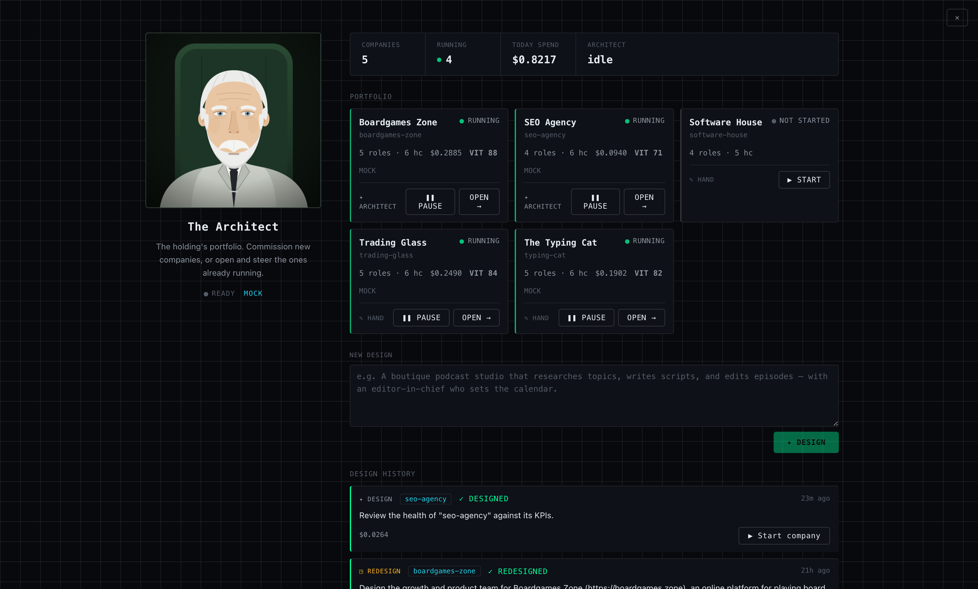 The Architect overlay: portrait, portfolio grid of five companies with vitality figures, a new-design prompt box, and design history.